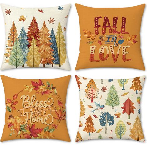 Fundas de cojín decorativas con diseño de bosque otoñal, con estampado de árboles, hojas de arce y pájaros, de poliéster, para sofá o cama. Juego de 4 unidades, 45 x 45 cm. (1/4)