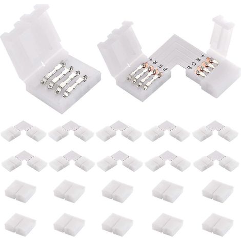 20 connecteurs fiables pour rubans LED RGB SMD5050. Comprend 10 connecteurs coudés (L) et 10 connecteurs droits (4 broches chacun). (1/4)