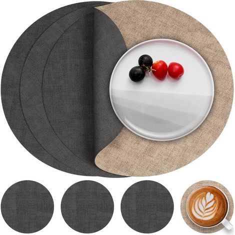 Ensemble de 4 sets de table et sous-verres en cuir, sets de table ronds antidérapants double face, lavables, sets de table en plastique résistant à la chaleur (gris beige, ensemble de 4)