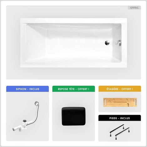 Baignoire rectangulaire - 140 x 70 cm - sans Habillage - avec Pieds - Repose-tête - Étagère bambou - Vidage Chrome - MODERN (1/5)