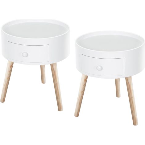 Lot de 2 tables de chevet rondes 38 x 38 x 45 cm tiroir pratique pieds effilés épuré scandinave chambre en MDF blanc 210001836 (1/5)