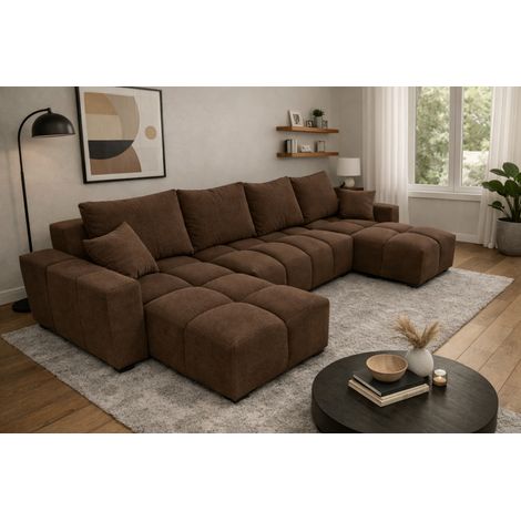 Canapé d’angle panoramique convertible COLINIA effet nuage en tissu - 6 places - 325 cm - Marron (1/3)