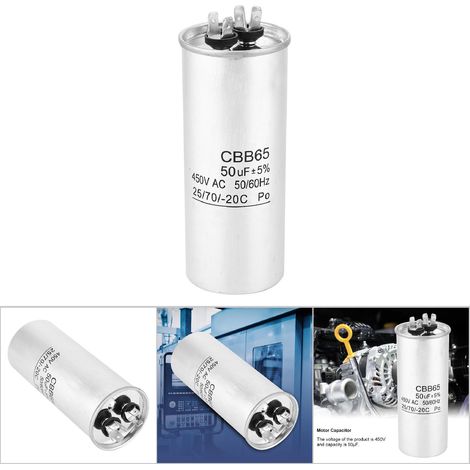 Condensador electrolítico homopolar CBB65 de 450 V y 50 μF para arranque de motores y aire acondicionado. (1/5)