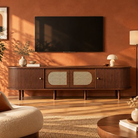 Mueble TV con 2 Puertas, 2 Puertas Correderas y 8 Patas, Estilo Retro de Ratán, para Salón, Roble Oscuro, 180×40×40 cm (1/5)
