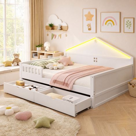 Cama multifuncional (206x146x89 cm), con cajones, iluminación LED, madera maciza y MDF, blanca (1/5)