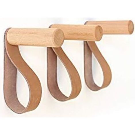 Patère Murale en Cuir Crochets Muraux en Bois Porte-Manteau Mural pour accrocher Sac Serviettes et Manteaux Décoration Scandinave Design Moderne (Lot de 3) (1/4)