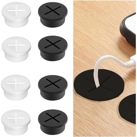 Kit per la gestione dei cavi da scrivania (set da 8 pezzi) - Tappi flessibili in silicone per cassetti portacavi - Cappucci in gomma bianca per scrivanie e tavoli (1/5)