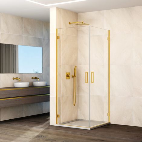 Paroi de douche d’angle GLASS 2 portes pivotantes 70x50 cm profilé or (1/5)