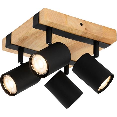 Plafonnier QAZQA noir avec finition bois et 4 lumières réglables (1/5)