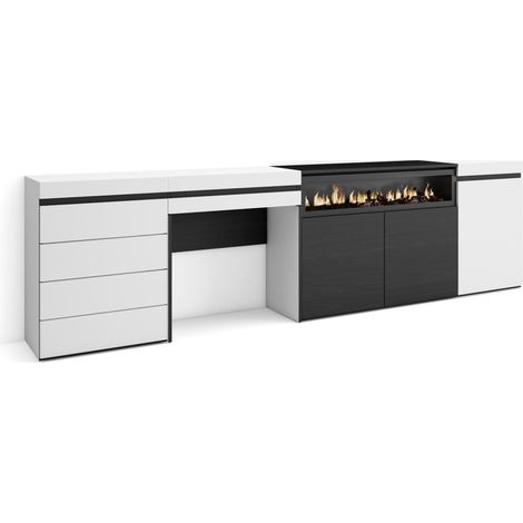 Skraut Home – Buffet moderne blanc 277x75x35cm – Meuble de rangement avec cheminée électrique – Commode et coiffeuse intégrées – Style épuré (1/5)