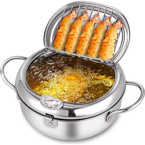 2,2-Liter-Fritteuse mit Thermometer - Frittierkorb - Frittierpfanne - mit Deckel und Ölabtropfschale - geeignet für Pommes frites, Hähnchen und Garnelen - geeignet für Gas und Induktion - 20 cm (1/5)