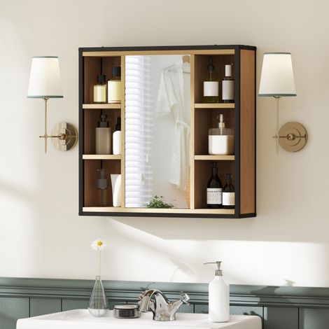 Mobile bagno con specchio stile industriale, legno effetto rovere, 6 vani aperti, pensile da 60 x 16 x 58,5 cm