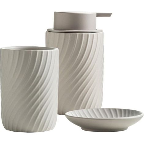 Set di accessori da bagno in 3 pezzi composto da dispenser di sapone in ceramica, portasapone e portaspazzolino dal design elegante. (1/5)