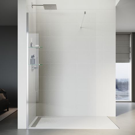 SONNI Walk-In Duschwand aus 8 mm Klarglas mit Zwei 8mm Dreieckigen Glasablagen und 100 cm Stabilisierungsstange, 110 x 200 cm (1/5)