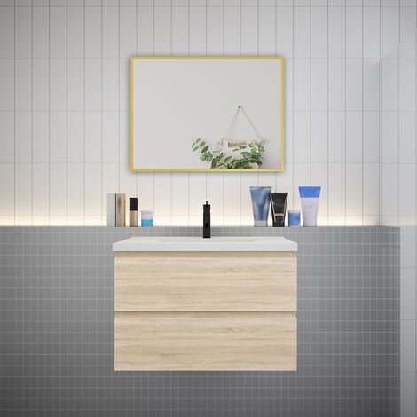 Meuble de salle de bain 2 tiroirs avec lavabo et miroir encadré–Chêne l.79 x W.44.5 x H.52 cm-suspendu (1/5)