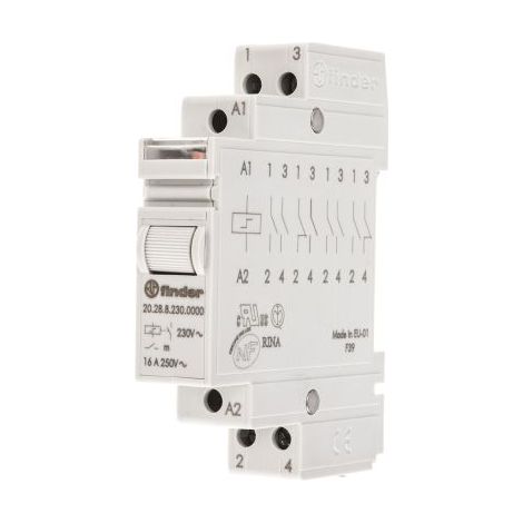 Finder – Relais de puissance 2 NO 230V c.a. – Montage rail DIN – Courant de commutation 16A – Pour installations électriques professionnelles