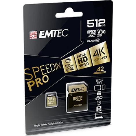 EMTEC MicroSD 512GB SDXC CLASS10 Speedin V30 A1 4K Adapt