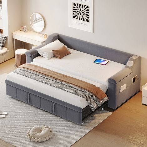 Ausziehbares Polsterbett Schlafsofa mit Bluetooth und USB-Anschluss, 90-180x190 cm, Gästebett mit Stauraum in den Armlehnen, Samtstoff, Grau (1/5)