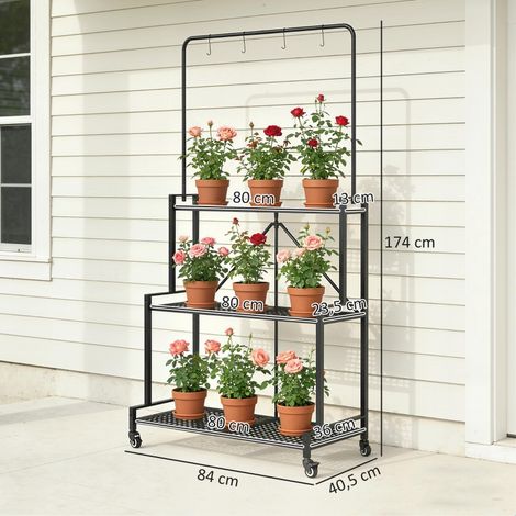 Support plantes 3 niveaux roues étagère fleurs pliable métal 4 crochets 84x40,5x174cm noir (1/5)