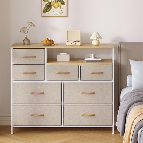 Schmale Kommode mit 3 Schubladen - Stoffkommode mit viel Stauraum, Kommode Organizer für Wohn-/Schlafzimmer, Holzplatte und Metallrahmen, Khaki (1/5)