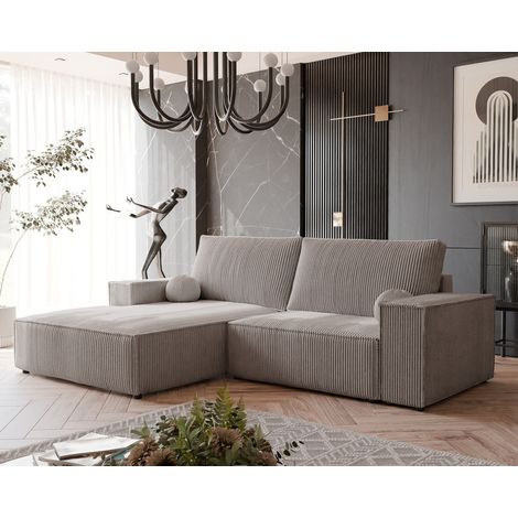 Canapé d'angle Gauche HUGO - 4 places - Canape Convertible avec Coffre - Tissu Velours Cotelé - Beige (1/5)