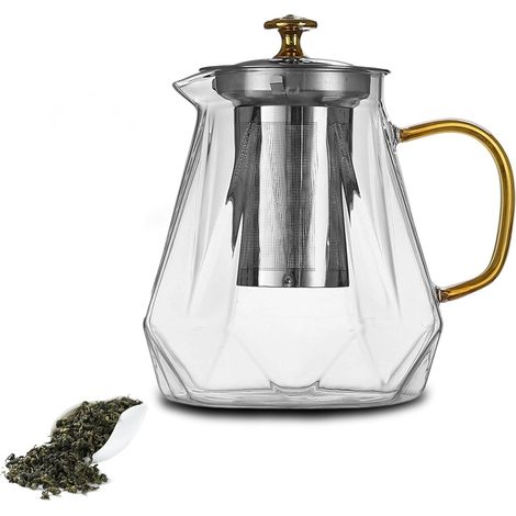 Théière verre borosilicate 1L, infuseur acier, poignée C transparente, pour amateurs de thé et familles.