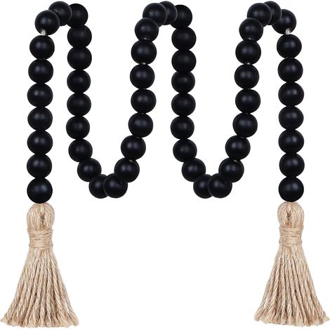 Guirlande de perles en bois de 99 cm avec pompons, chapelet bohème polyvalent pour une décoration murale élégante (noir) (1/5)