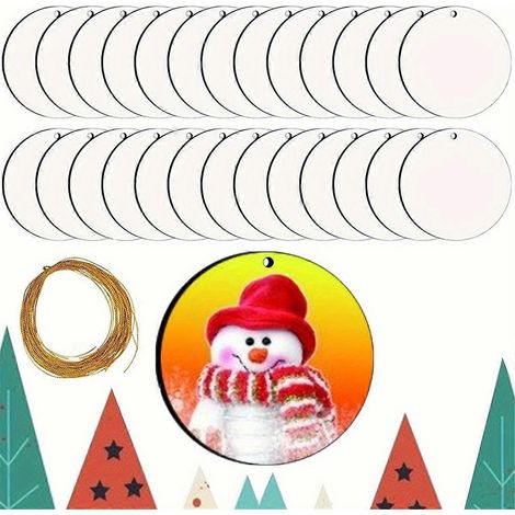 Kit de 25 décorations de Noël à suspendre par sublimation, à faire soi-même : planche ronde en bois imprimée à chaud avec corde dorée (1/5)
