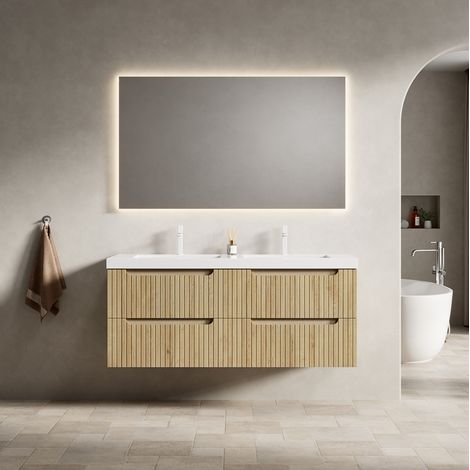 Mobile lavabo sospeso moderno 120 cm con doppio lavabo integrato in resina, 4 cassetti soft-close, rovere bianco (1/5)