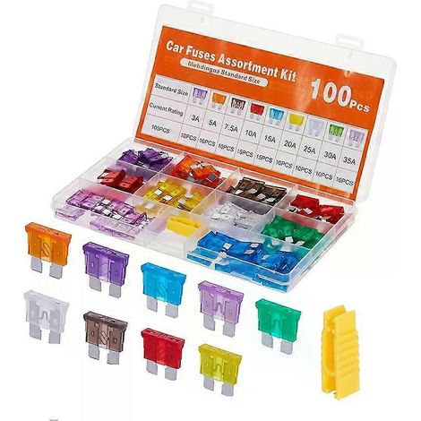 100-teiliges Kfz-Sicherungssortiment, mittleres Profil, Flachsicherungen, 2-35A, für Pkw, Lkw und andere Fahrzeuge, inklusive Sicherungskasten mit Klemme (1/4)
