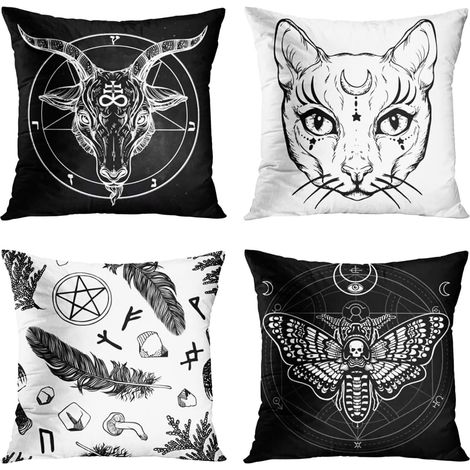 Lot de 4 housses de coussin, 40 x 40 cm, décoratives, pour lit, canapé, extérieur, style gothique, motif Capricorne, chat, mitte à plumes, noir et blanc (1/5)