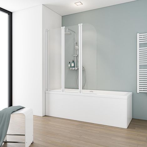 Schulte – Pare-baignoire pliant 125 x 140 cm – Paroi 3 volets rabattables – Verre de sécurité transparent – Profilé blanc – Montage réversible