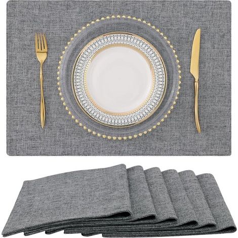Lot de 6 sets de table (aspect lin et coton). Sets de table lavables de style champêtre, pour une utilisation intérieure et extérieure, faciles à nettoyer, gris foncé, 30 x 45 cm. (1/5)
