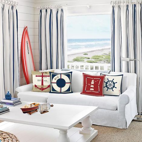 Nautical Cushion Cover 45 x 45 cm Anchor Lighthouse Red Navy Blue Decorative Pillowcase for Sofa Living Room Bedroom Home Outdoor Decoration (1/2)