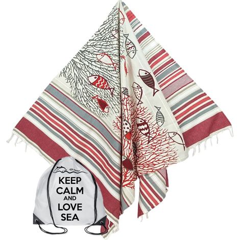 TELO MARE fouta PESCI rossi MISURA Grande CM.100X200 con zaino Spiaggia KEEP CALM