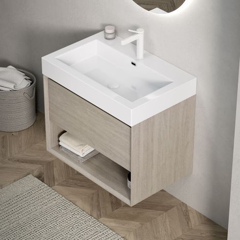 Lavabo mural 70cm avec vasque rectangulaire blanche en résine intégrée, meuble en contreplaqué, 1 tiroir et étagère ouverte, préassemblé, finition chêne clair aspect bois. (1/5)
