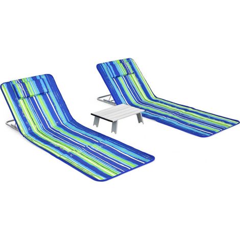 Ensemble de 2 fauteuils de plage rayés en aluminium avec table pliante et dossiers réglables sur 5 positions, pour plage (1/5)