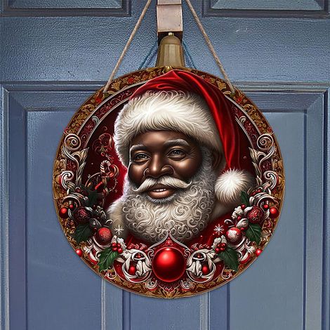 Guirlande Porte Noël - Décoration En Bois - Accroche Porte Festive - Santa Noir - Pour Intérieur - 1 Pièce (1/3)