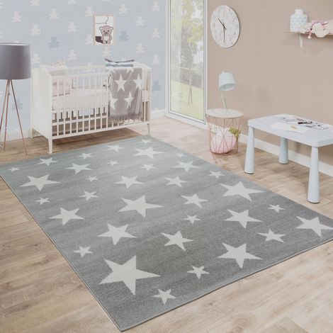 Paco Home Moderner Kurzflor Kinderteppich Sternendesign Kinderzimmer Star Muster Grau Weiß 133 cm Quadrat