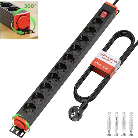 Multiprise Aluminium 10 Prises Parafoudre Surtension Bloc Prise Murale avec Interrupteur Rotation 360° Cordon 1,8m 4000W 16A Noir Maison Bureau (1/5)