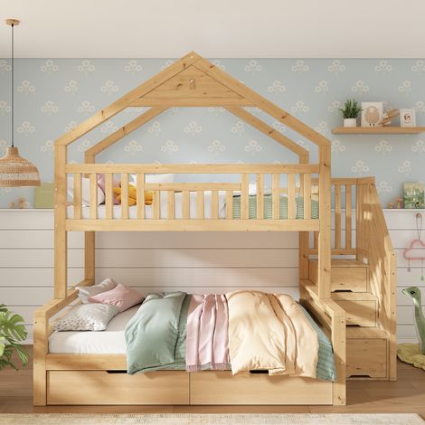 Lit superposé enfant 90x200 + 140x200 cm en bois, lit cabane avec escalier rangement, toit pignon, 2 tiroirs et barrière de sécurité - Chêne (1/5)