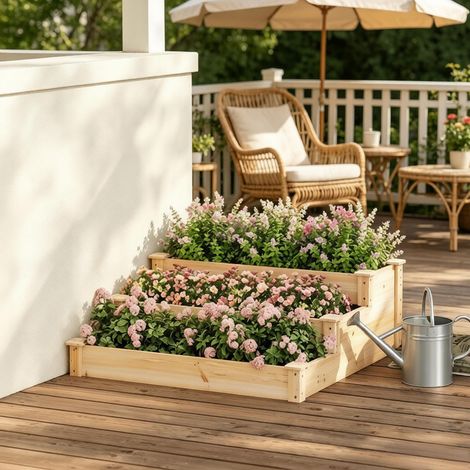 Bac surélevé 3 niveaux en bois massif 92x92x35 cm – Jardin en escalier, fond ouvert, potager en bois pour plantes aromatiques, légumes & fleurs, pour terrasse & balcon (1/5)