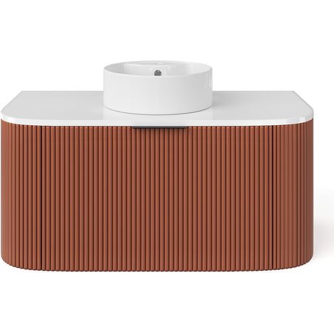 Meuble de salle de bain suspendu strié avec vasque à poser ronde - Terracotta mat - 100 cm - LOMERI (1/4)