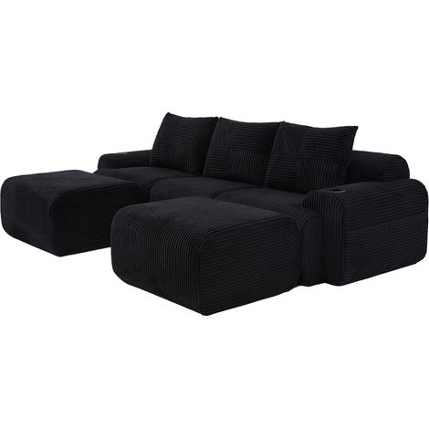 Divano modulare a 3 posti nero con 2 pouf, portabicchieri e tasca laterale (1/5)