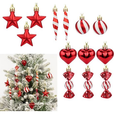 Palline di Natale, decorazioni natalizie, ornamenti per albero di Natale, salice, dolci, a forma di cuore, a forma di stella, da appendere, infrangibili, 13 pezzi, classico W (1/5)