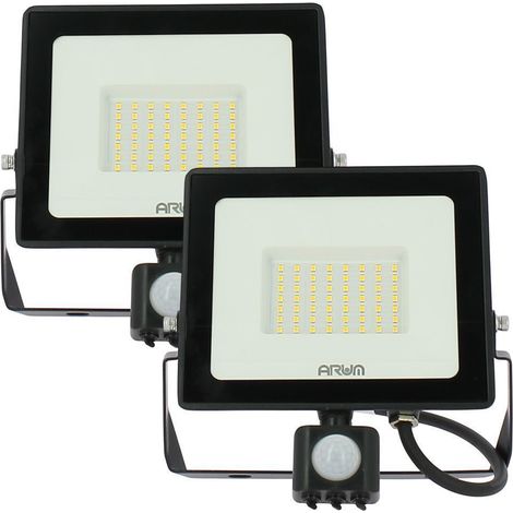 Arum Lighting – Lot de 2 projecteurs LED 50W noir avec détecteur de mouvement – IP44 – Lumière blanche froide 6000K – Angle d'éclairage 120° – Lumens 4500