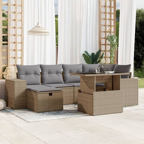 Set sofás de jardín 7 piezas y cojines ratán sintético beige vidaXL (1/5)