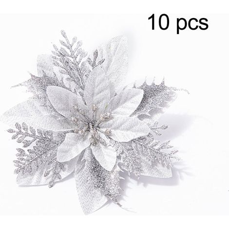 Fleur Artificielle Poinsettia - 14 cm - Or Argent Rouge - Décoration Arbre De Noël Guirlande Couronne - 10 Pièces (1/5)