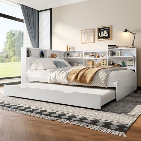 Lit extensible convertible 140x200 cm, tête de lit avec espace de rangement, canapé-lit blanc, sans matelas, meuble 2 en 1, chambre adulte (1/5)