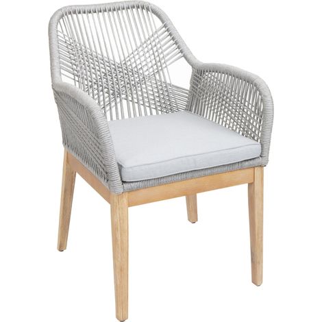 [NON UTILIZZATO] Sedia da giardino HHG-678b, poltrona da esterno, corda intrecciata legno di acacia, grigio chiaro cuscini grigi (1/5)